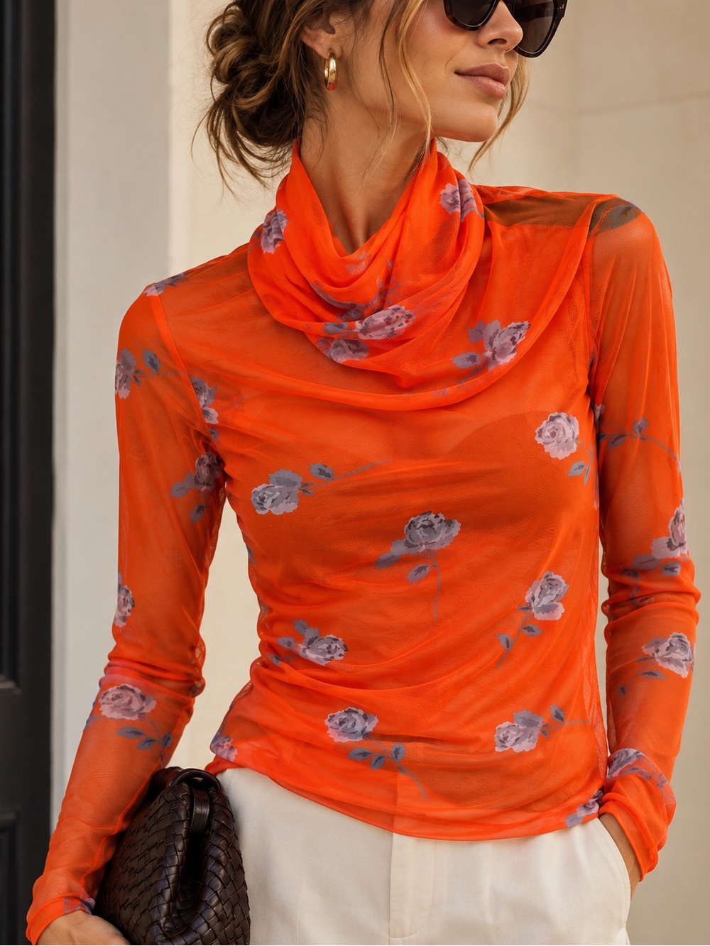 GANNI Sheer Floral Mesh Blouse Orange Rose Print Flowing